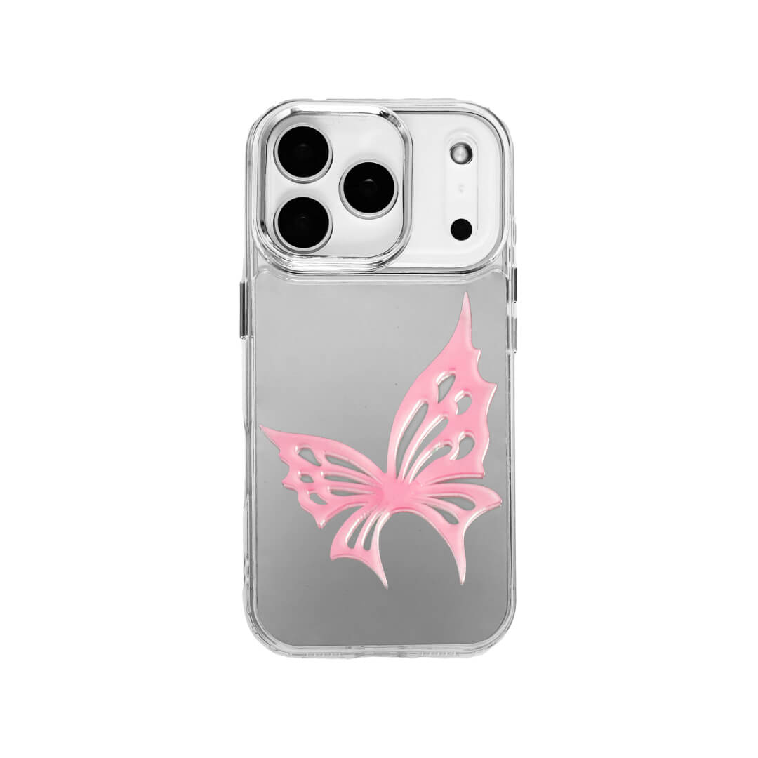 A luxury iPhone case featuring a large 3D acrylic butterfly ornament with delicate wing cutouts. Available in two translucent colors: Sakura Pink and Azure Blue. The butterfly is mounted on a Clear Transparent base, creating a romantic and ethereal floating effect.