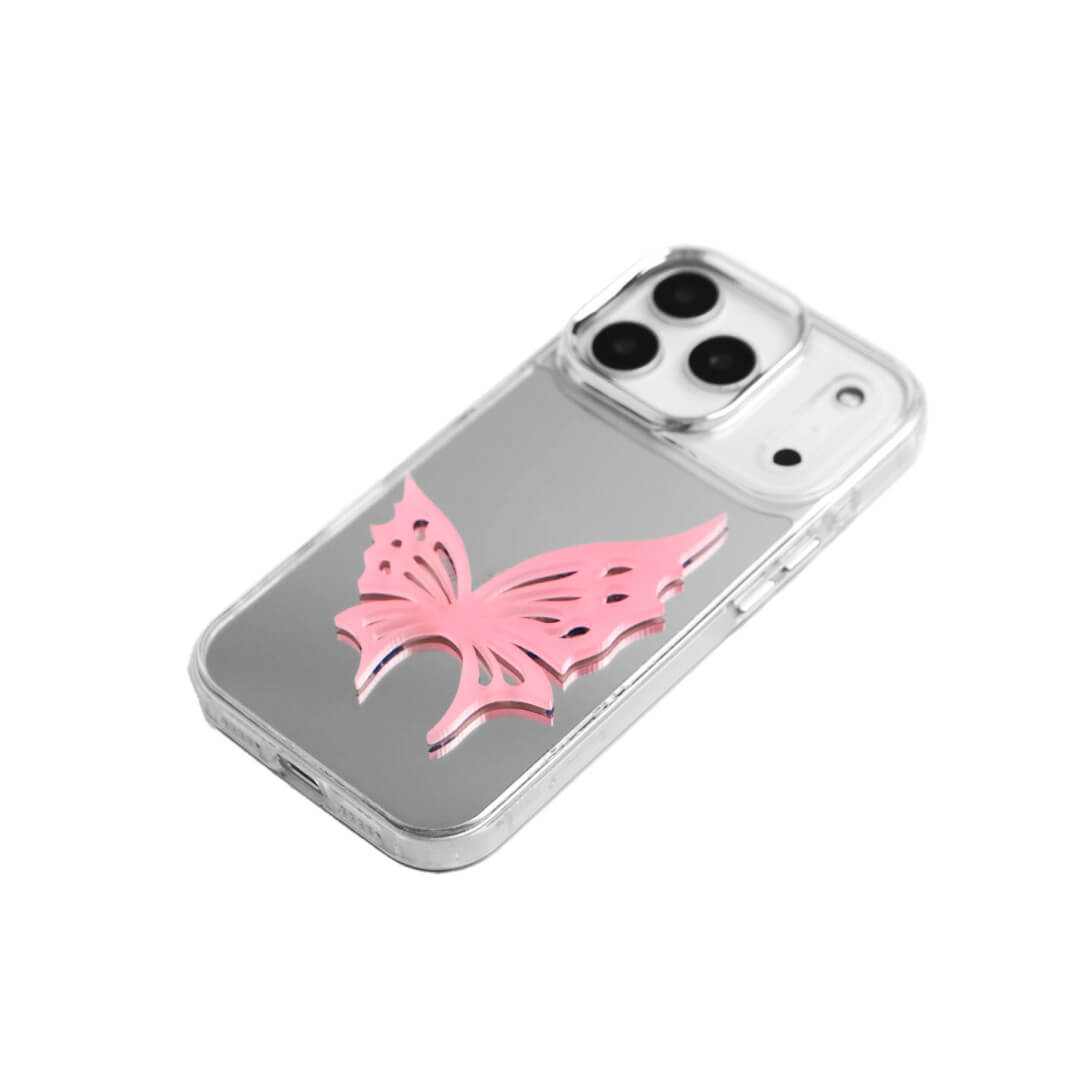 A luxury iPhone case featuring a large 3D acrylic butterfly ornament with delicate wing cutouts. Available in two translucent colors: Sakura Pink and Azure Blue. The butterfly is mounted on a Clear Transparent base, creating a romantic and ethereal floating effect.