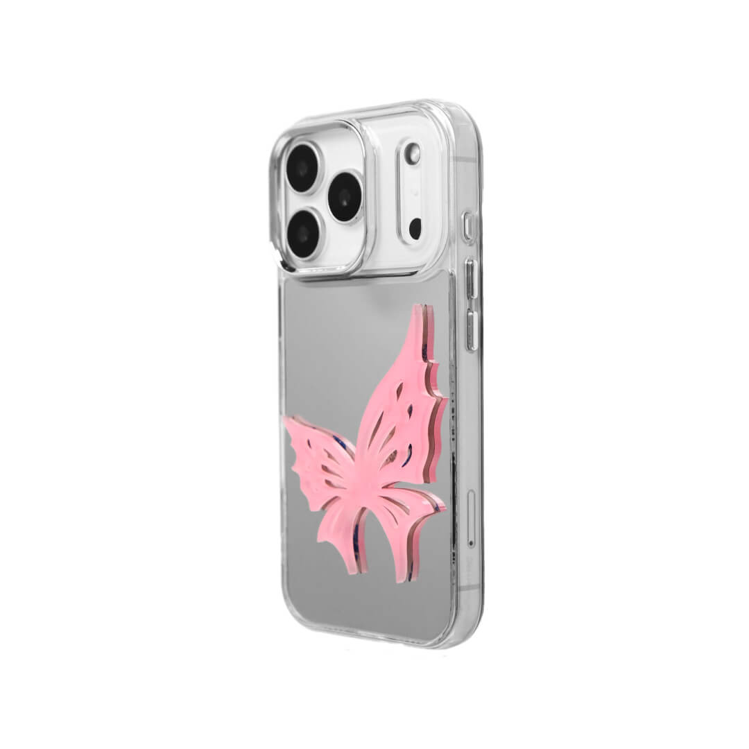 A luxury iPhone case featuring a large 3D acrylic butterfly ornament with delicate wing cutouts. Available in two translucent colors: Sakura Pink and Azure Blue. The butterfly is mounted on a Clear Transparent base, creating a romantic and ethereal floating effect.