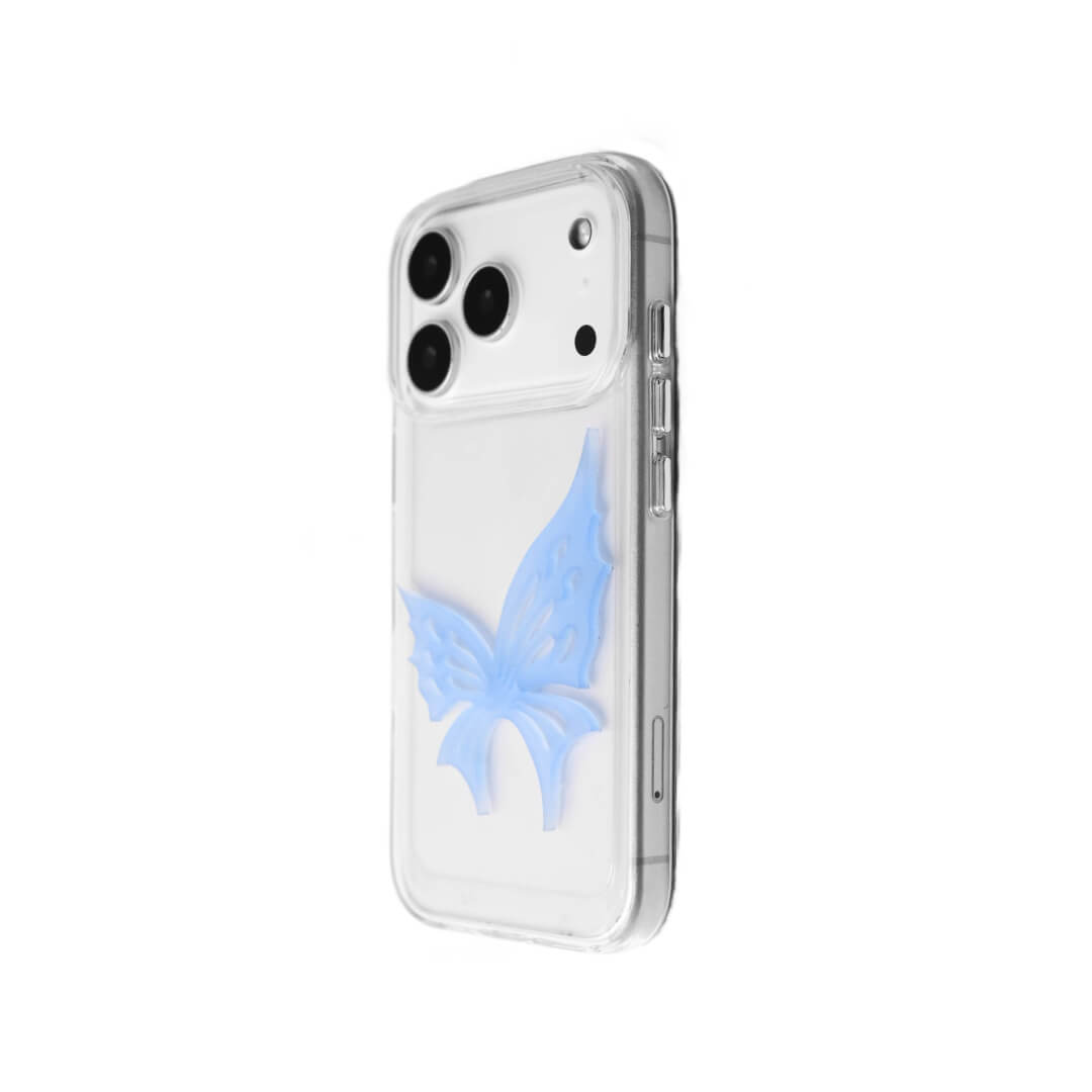 A luxury iPhone case featuring a large 3D acrylic butterfly ornament with delicate wing cutouts. Available in two translucent colors: Sakura Pink and Azure Blue. The butterfly is mounted on a Clear Transparent base, creating a romantic and ethereal floating effect.