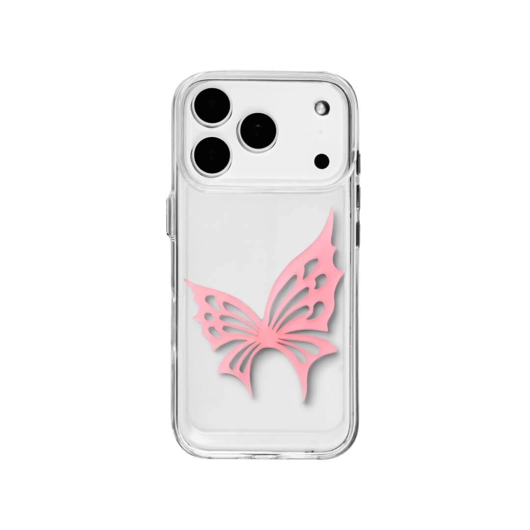A luxury iPhone case featuring a large 3D acrylic butterfly ornament with delicate wing cutouts. Available in two translucent colors: Sakura Pink and Azure Blue. The butterfly is mounted on a Clear Transparent base, creating a romantic and ethereal floating effect.