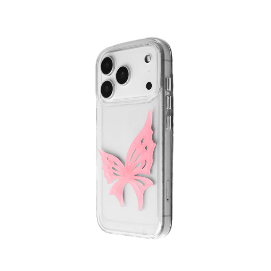 A luxury iPhone case featuring a large 3D acrylic butterfly ornament with delicate wing cutouts. Available in two translucent colors: Sakura Pink and Azure Blue. The butterfly is mounted on a Clear Transparent base, creating a romantic and ethereal floating effect.