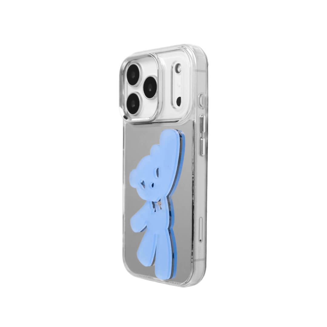 A contemporary iPhone case featuring a deconstructed 3D acrylic bear ornament with an artistic, elongated silhouette. Available in vibrant Sakura Pink and Azure Blue finishes on a Clear Transparent base, showcasing a blend of playful whimsy and modern design.