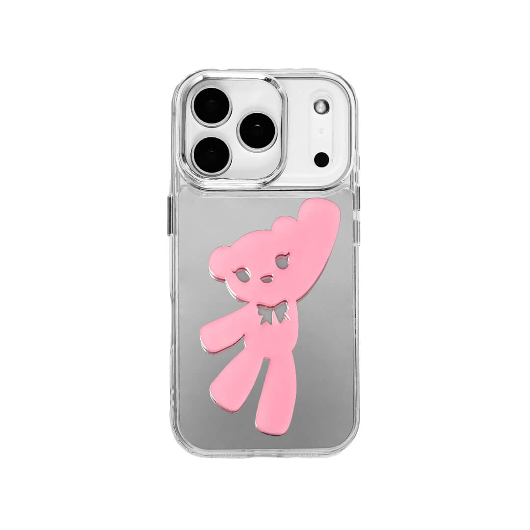 A contemporary iPhone case featuring a deconstructed 3D acrylic bear ornament with an artistic, elongated silhouette. Available in vibrant Sakura Pink and Azure Blue finishes on a Clear Transparent base, showcasing a blend of playful whimsy and modern design.
