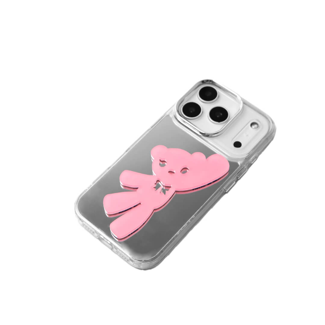 A contemporary iPhone case featuring a deconstructed 3D acrylic bear ornament with an artistic, elongated silhouette. Available in vibrant Sakura Pink and Azure Blue finishes on a Clear Transparent base, showcasing a blend of playful whimsy and modern design.