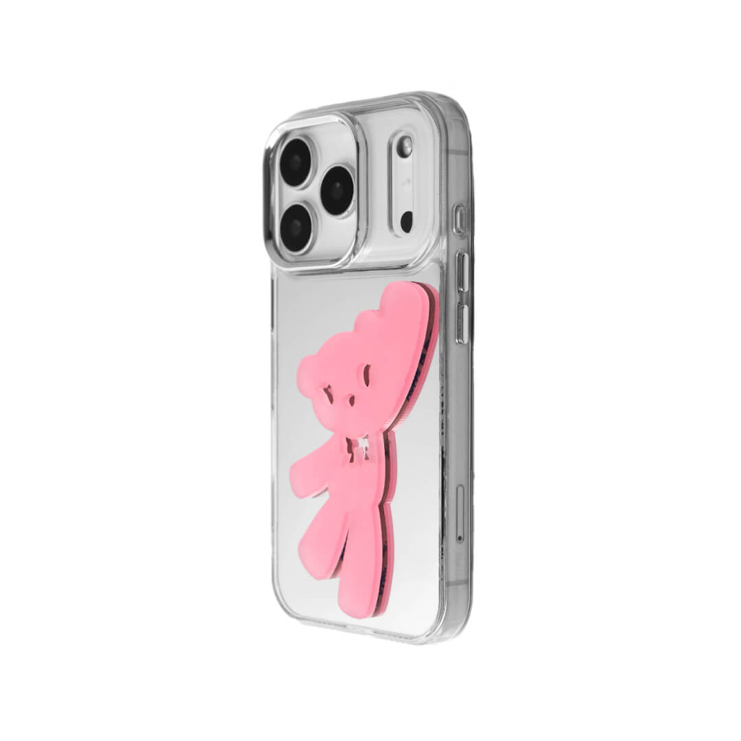 A contemporary iPhone case featuring a deconstructed 3D acrylic bear ornament with an artistic, elongated silhouette. Available in vibrant Sakura Pink and Azure Blue finishes on a Clear Transparent base, showcasing a blend of playful whimsy and modern design.