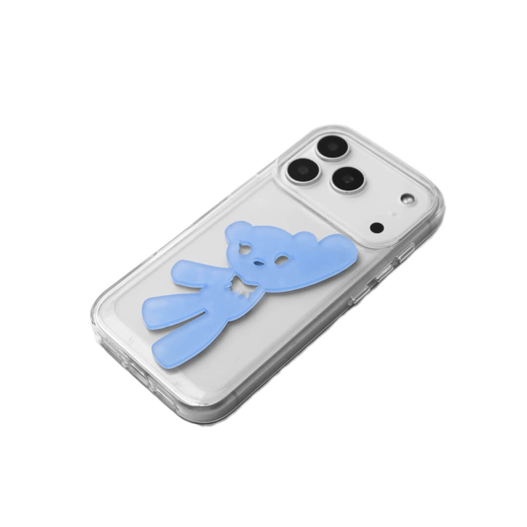 A contemporary iPhone case featuring a deconstructed 3D acrylic bear ornament with an artistic, elongated silhouette. Available in vibrant Sakura Pink and Azure Blue finishes on a Clear Transparent base, showcasing a blend of playful whimsy and modern design.