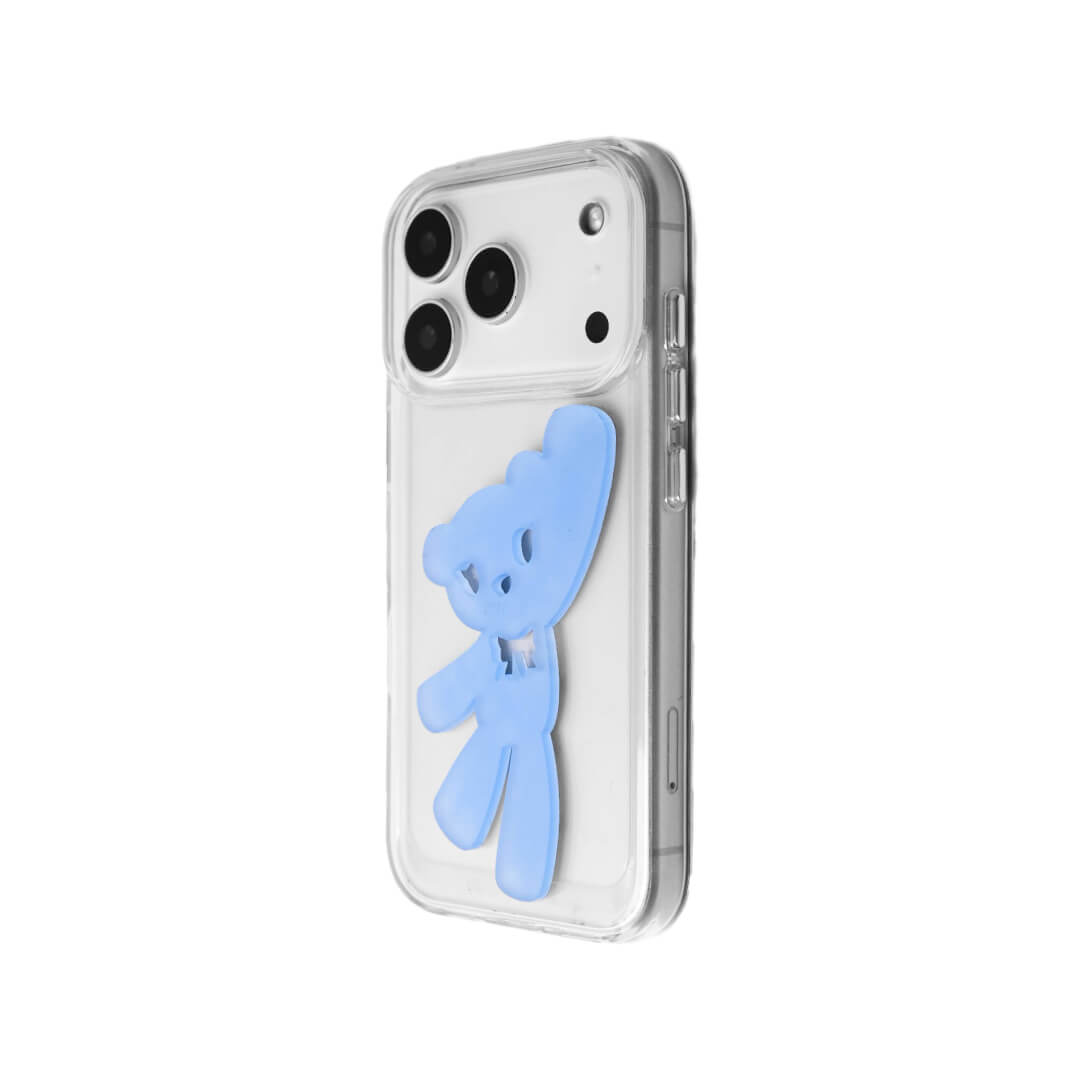 A contemporary iPhone case featuring a deconstructed 3D acrylic bear ornament with an artistic, elongated silhouette. Available in vibrant Sakura Pink and Azure Blue finishes on a Clear Transparent base, showcasing a blend of playful whimsy and modern design.