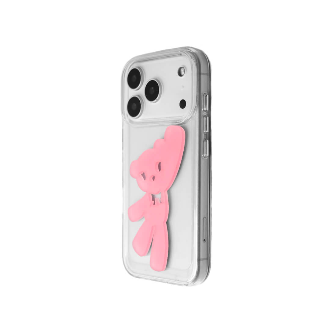 A contemporary iPhone case featuring a deconstructed 3D acrylic bear ornament with an artistic, elongated silhouette. Available in vibrant Sakura Pink and Azure Blue finishes on a Clear Transparent base, showcasing a blend of playful whimsy and modern design.