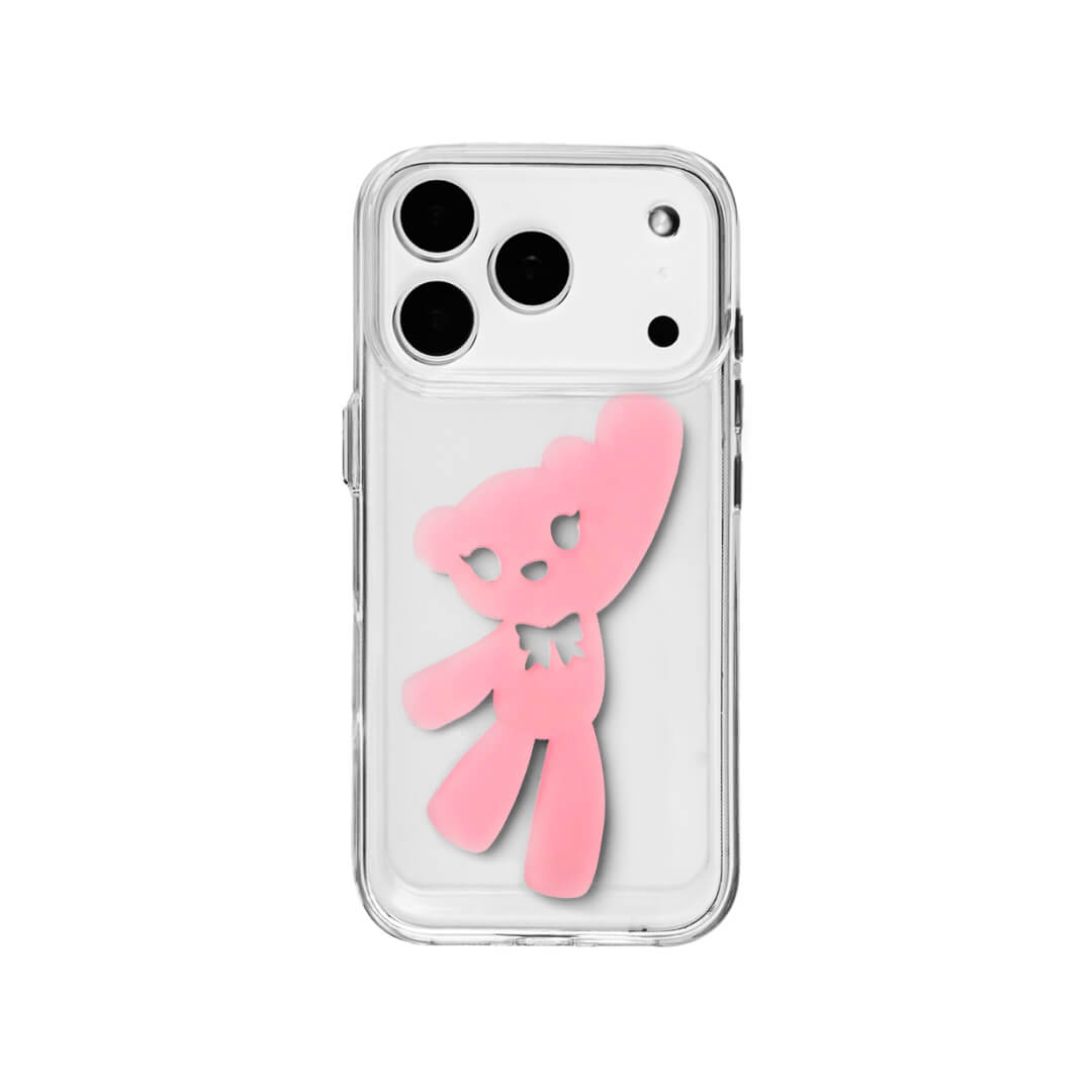 A contemporary iPhone case featuring a deconstructed 3D acrylic bear ornament with an artistic, elongated silhouette. Available in vibrant Sakura Pink and Azure Blue finishes on a Clear Transparent base, showcasing a blend of playful whimsy and modern design.