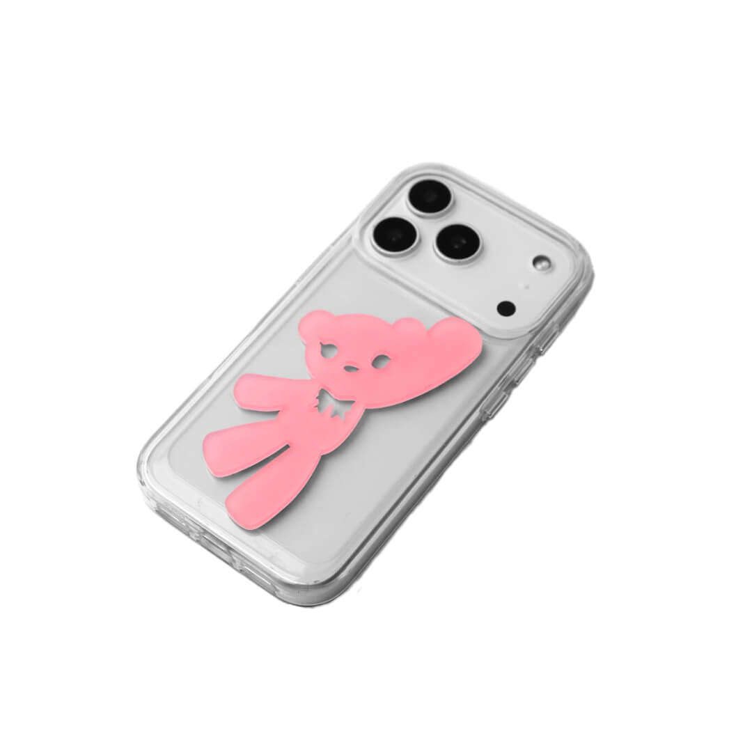 A contemporary iPhone case featuring a deconstructed 3D acrylic bear ornament with an artistic, elongated silhouette. Available in vibrant Sakura Pink and Azure Blue finishes on a Clear Transparent base, showcasing a blend of playful whimsy and modern design.