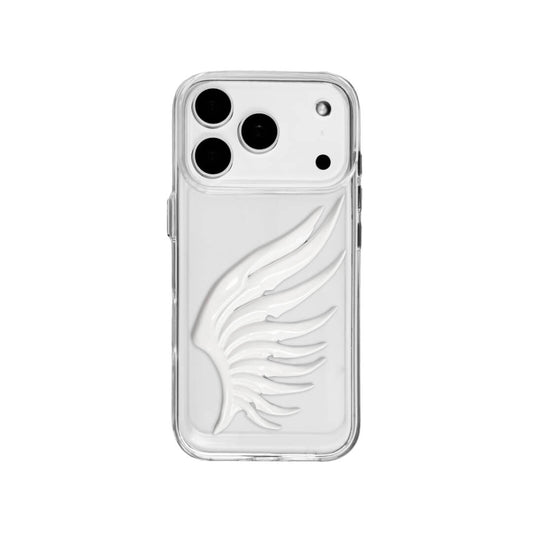 A 3D sculpted angel feather iPhone case featuring a raised flowing feather design, shown in both a transparent version and a white leather-textured version.