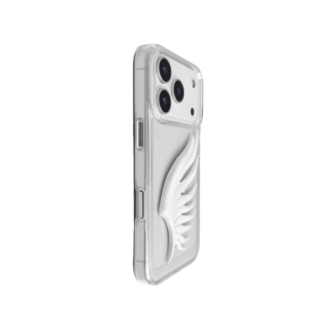 A 3D sculpted angel feather iPhone case featuring a raised flowing feather design, shown in both a transparent version and a white leather-textured version.