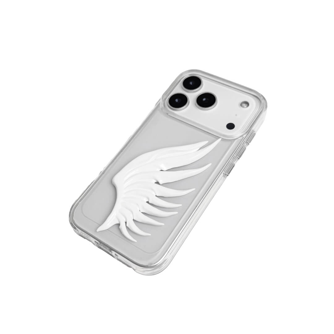 A 3D sculpted angel feather iPhone case featuring a raised flowing feather design, shown in both a transparent version and a white leather-textured version.