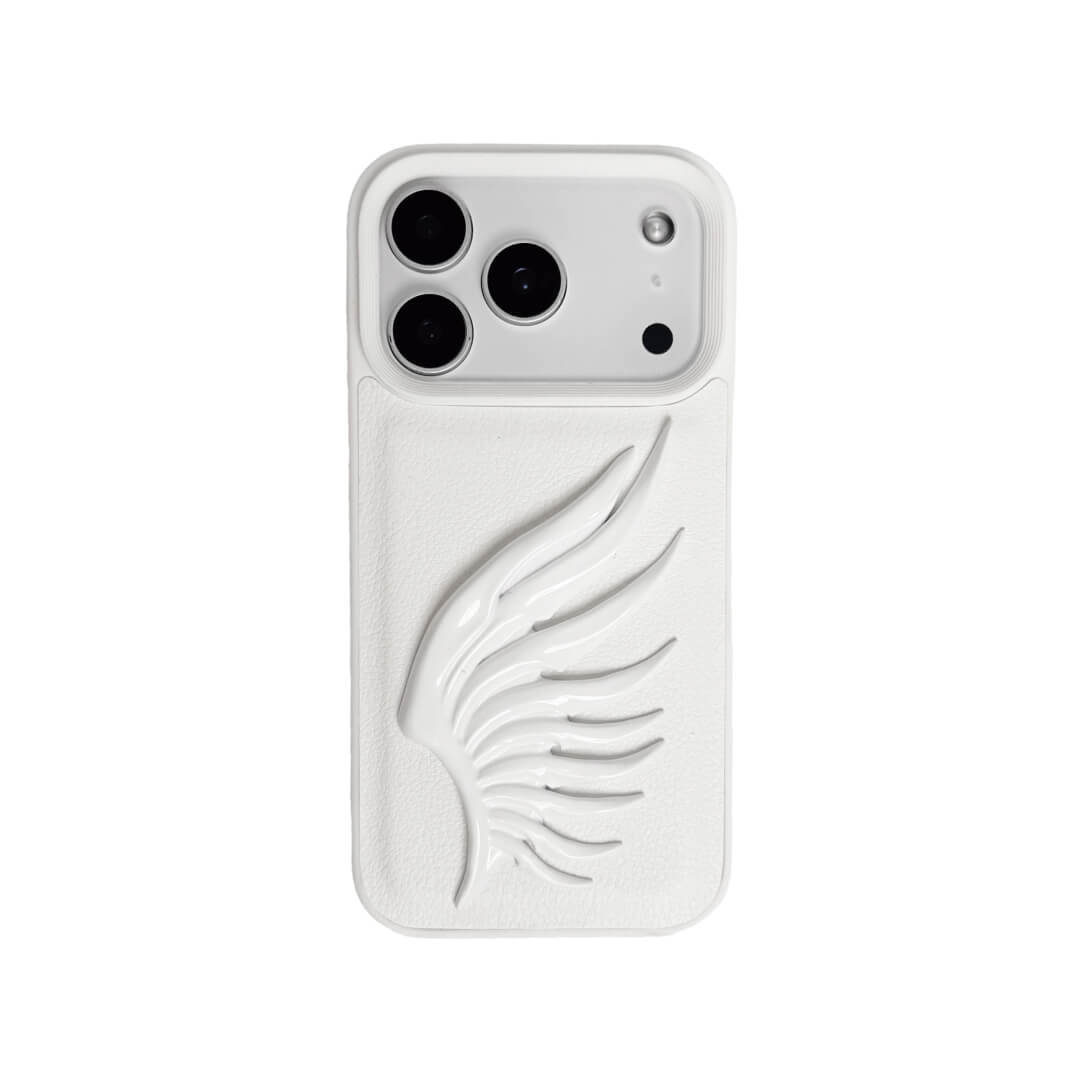 A 3D sculpted angel feather iPhone case featuring a raised flowing feather design, shown in both a transparent version and a white leather-textured version.