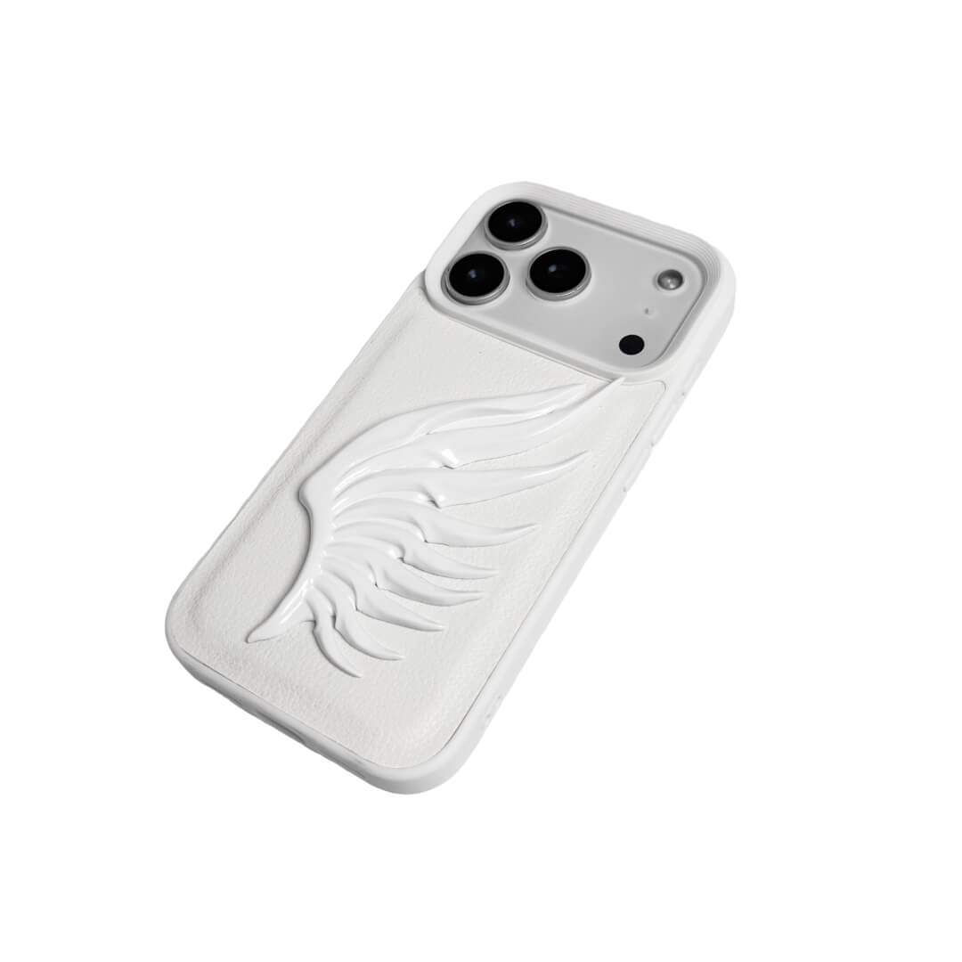 A 3D sculpted angel feather iPhone case featuring a raised flowing feather design, shown in both a transparent version and a white leather-textured version.