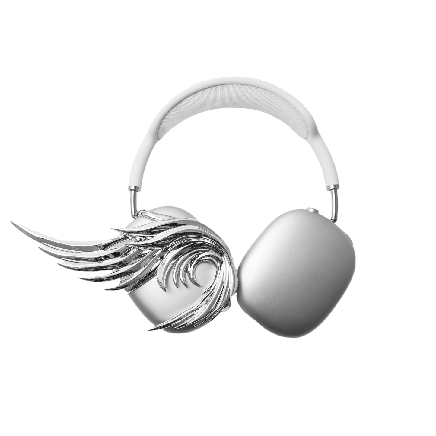 A sculptural 3D attachment for AirPods Max headphones featuring long, flowing angel wings with detailed feathers. The product is available in two versions: a reflective Silver Chrome and a soft Matte White, shown in both single and pair configurations on the headphone ear cups.