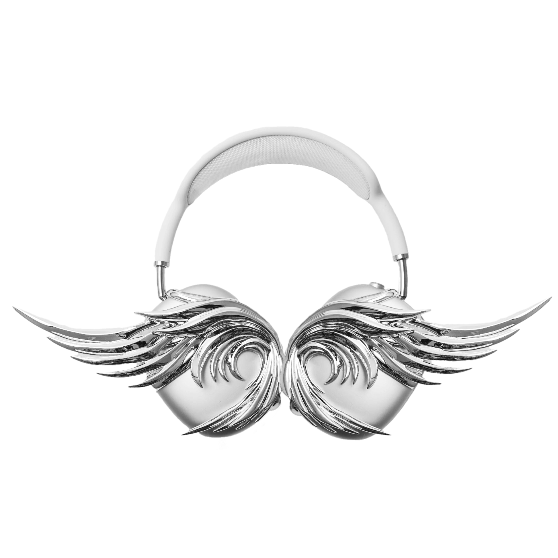 A sculptural 3D attachment for AirPods Max headphones featuring long, flowing angel wings with detailed feathers. The product is available in two versions: a reflective Silver Chrome and a soft Matte White, shown in both single and pair configurations on the headphone ear cups.