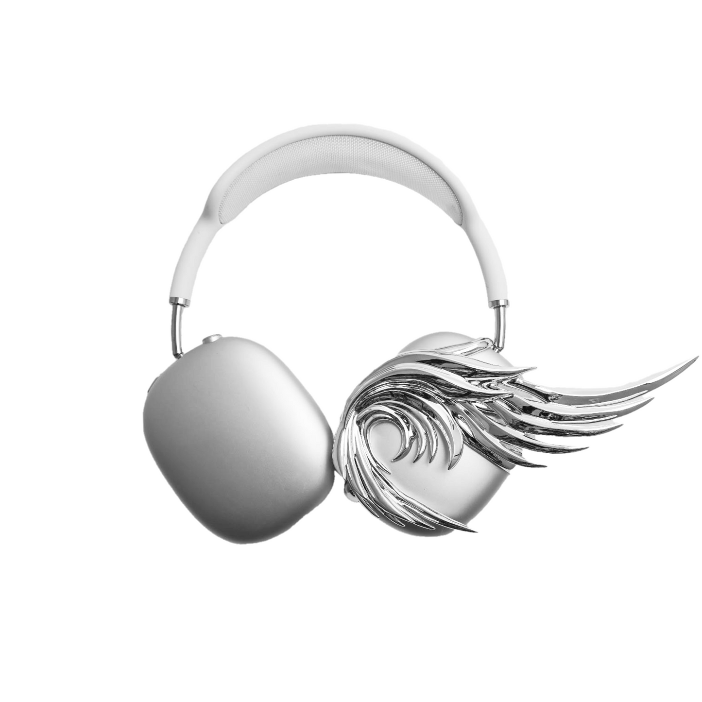 A sculptural 3D attachment for AirPods Max headphones featuring long, flowing angel wings with detailed feathers. The product is available in two versions: a reflective Silver Chrome and a soft Matte White, shown in both single and pair configurations on the headphone ear cups.