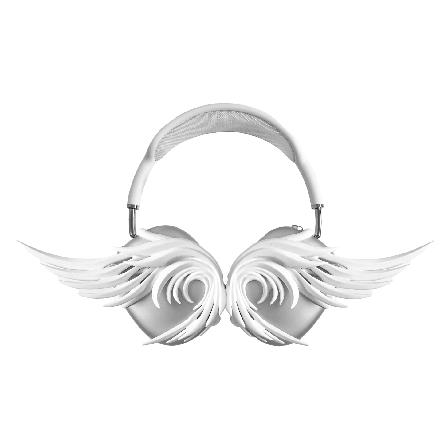 A sculptural 3D attachment for AirPods Max headphones featuring long, flowing angel wings with detailed feathers. The product is available in two versions: a reflective Silver Chrome and a soft Matte White, shown in both single and pair configurations on the headphone ear cups.
