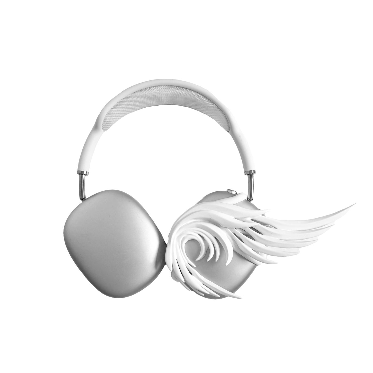 A sculptural 3D attachment for AirPods Max headphones featuring long, flowing angel wings with detailed feathers. The product is available in two versions: a reflective Silver Chrome and a soft Matte White, shown in both single and pair configurations on the headphone ear cups.