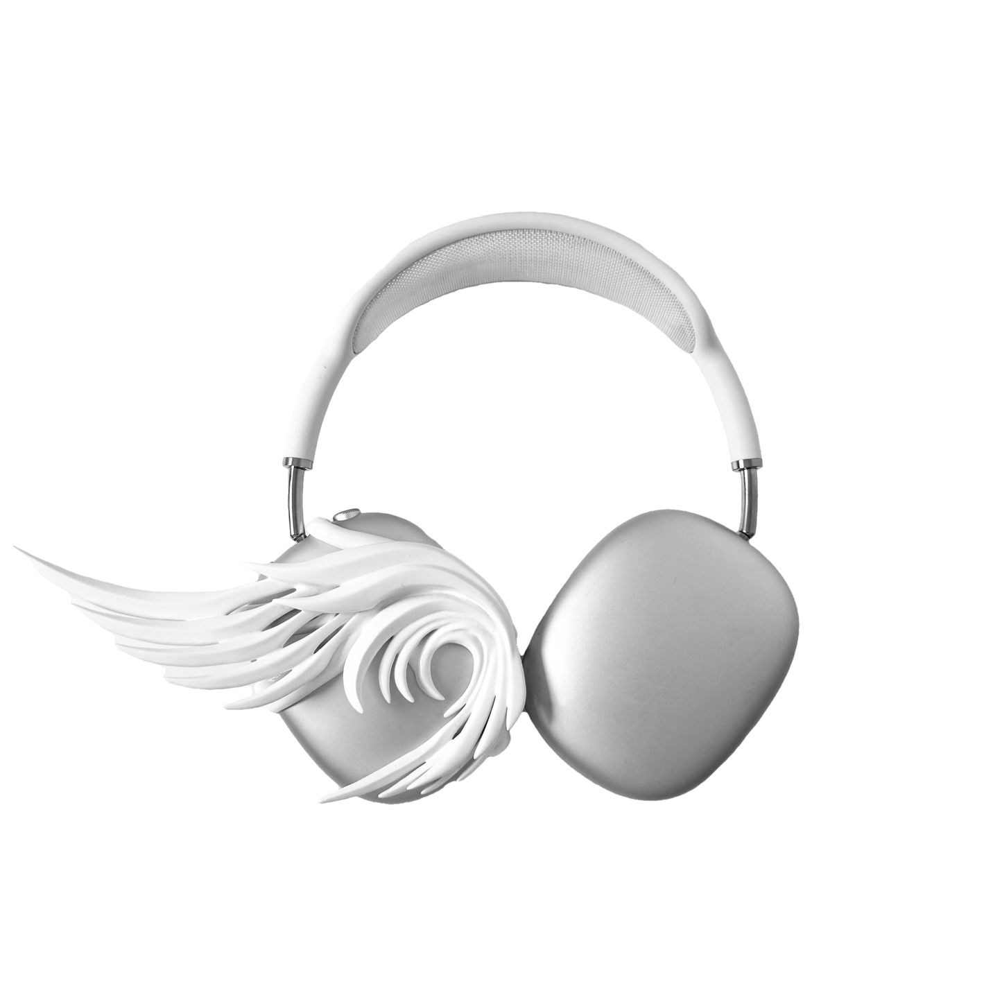 A sculptural 3D attachment for AirPods Max headphones featuring long, flowing angel wings with detailed feathers. The product is available in two versions: a reflective Silver Chrome and a soft Matte White, shown in both single and pair configurations on the headphone ear cups.
