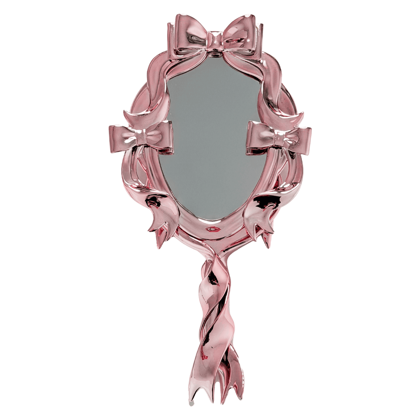 Metallic mirror with sculpted chrome bows and flowing ribbon frame in an elegant, symmetrical arrangement.