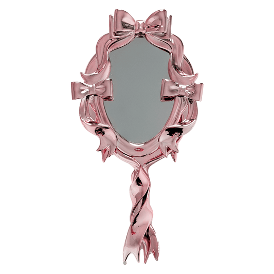 Metallic mirror with sculpted chrome bows and flowing ribbon frame in an elegant, symmetrical arrangement.