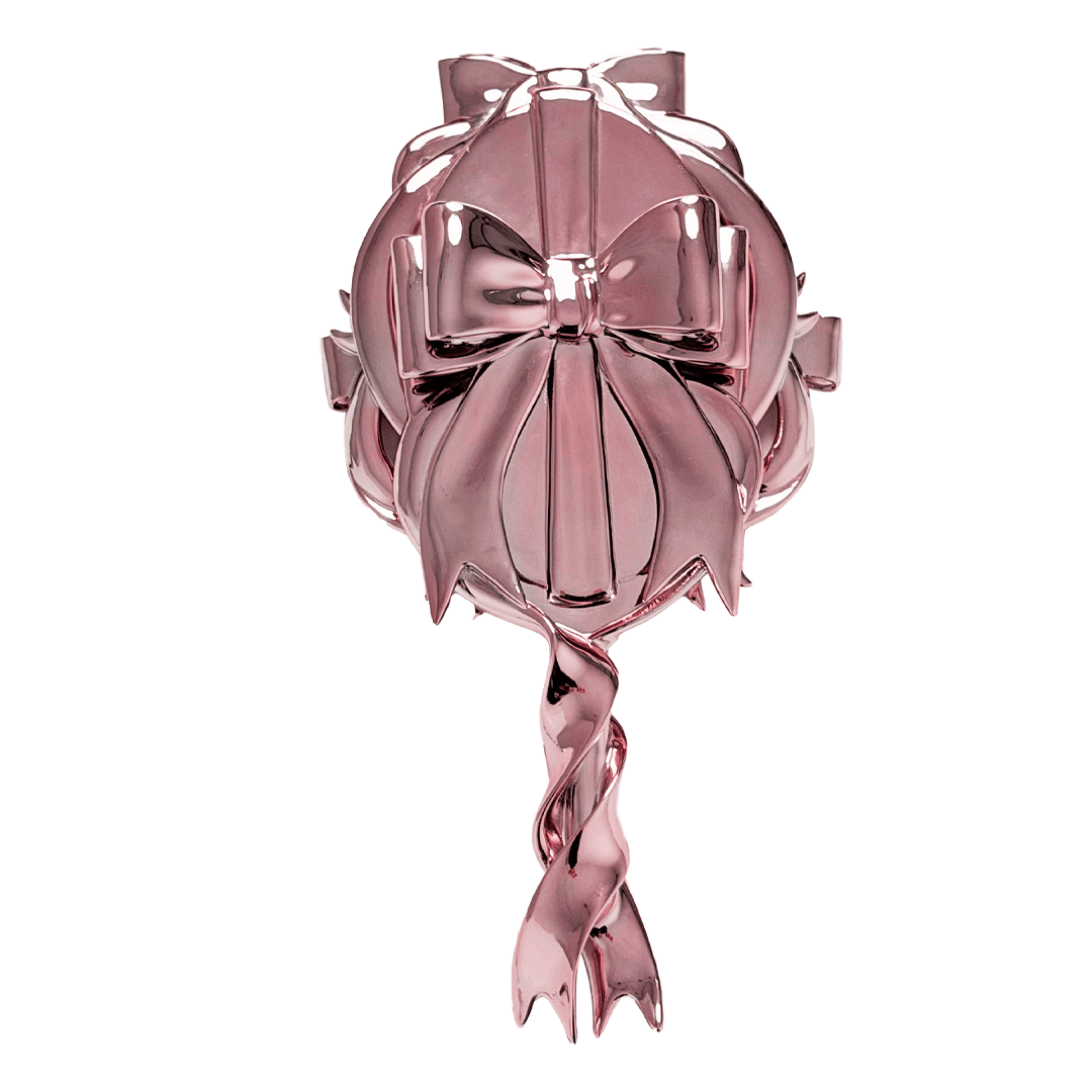 Metallic mirror with sculpted chrome bows and flowing ribbon frame in an elegant, symmetrical arrangement.