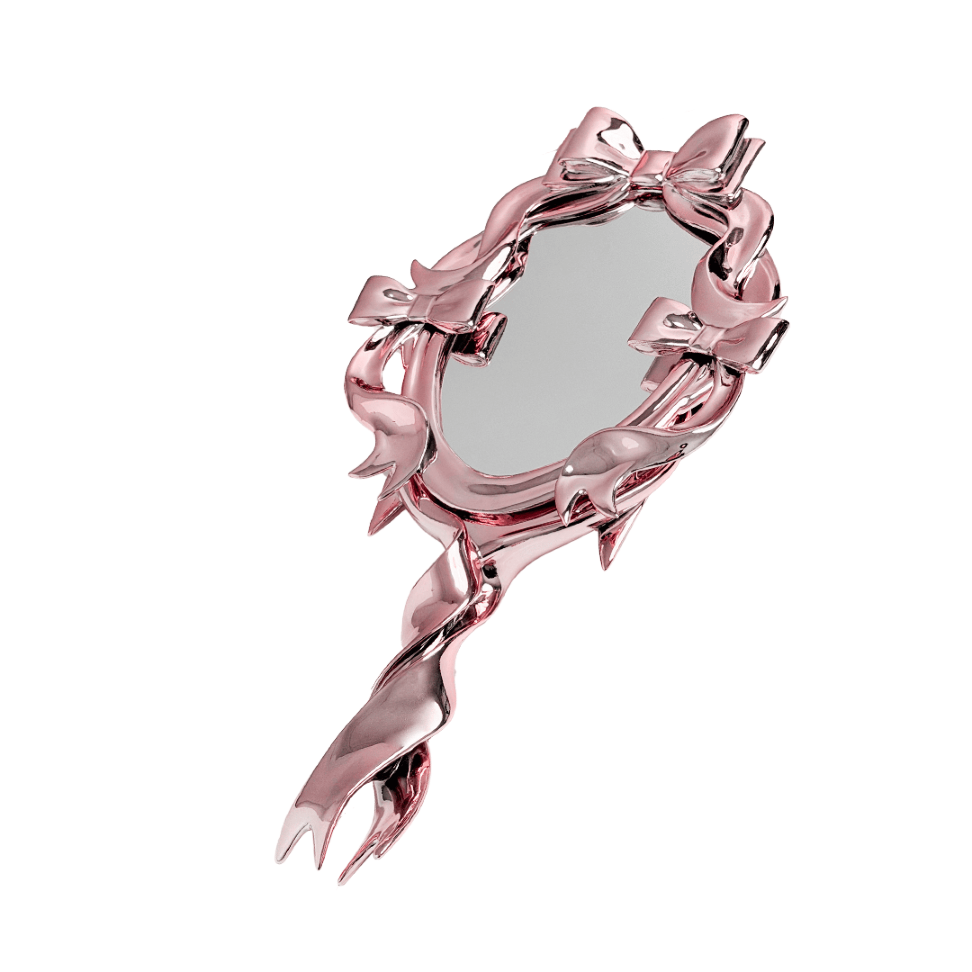 Metallic mirror with sculpted chrome bows and flowing ribbon frame in an elegant, symmetrical arrangement.