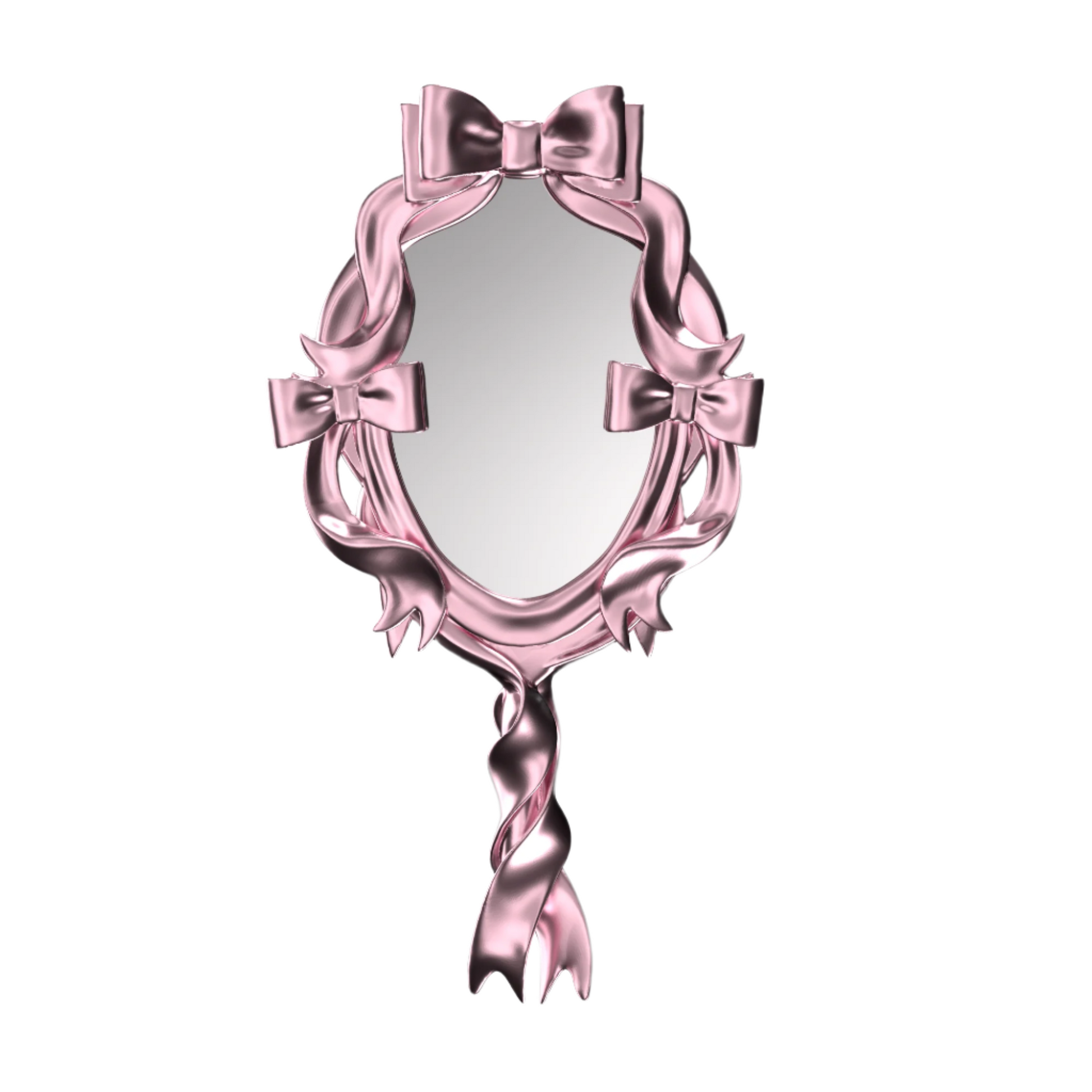 Metallic mirror with sculpted chrome bows and flowing ribbon frame in an elegant, symmetrical arrangement.
