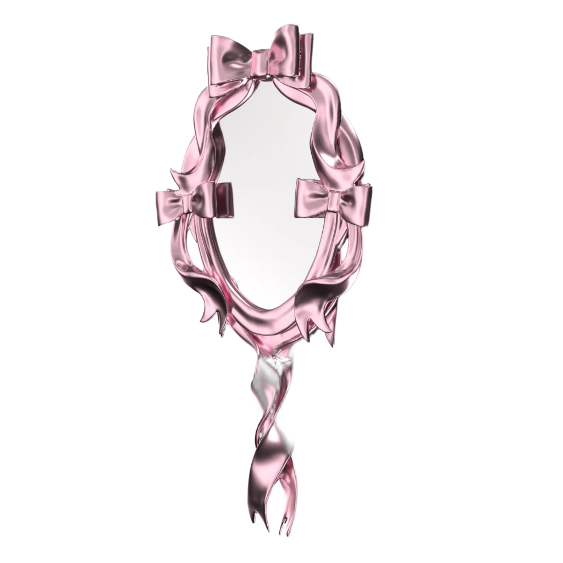 Metallic mirror with sculpted chrome bows and flowing ribbon frame in an elegant, symmetrical arrangement.
