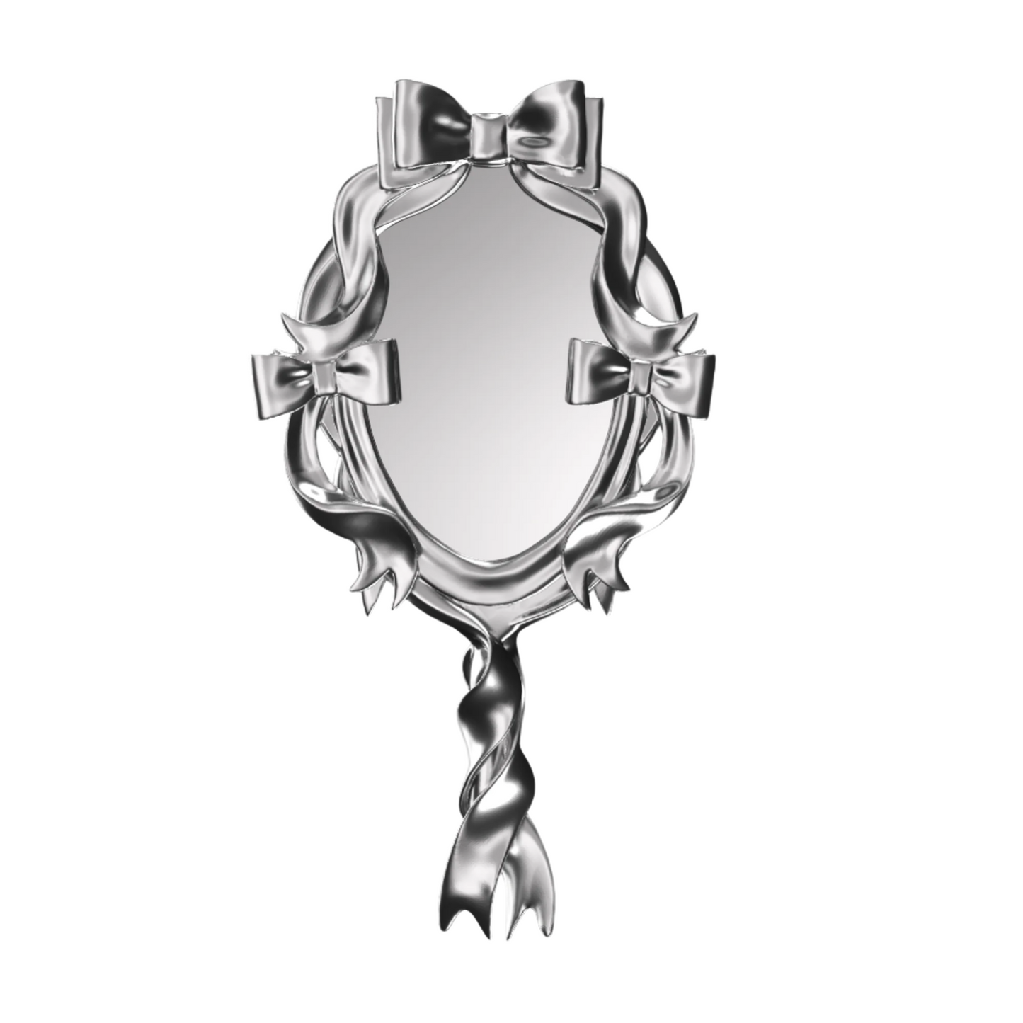 Metallic mirror with sculpted chrome bows and flowing ribbon frame in an elegant, symmetrical arrangement.