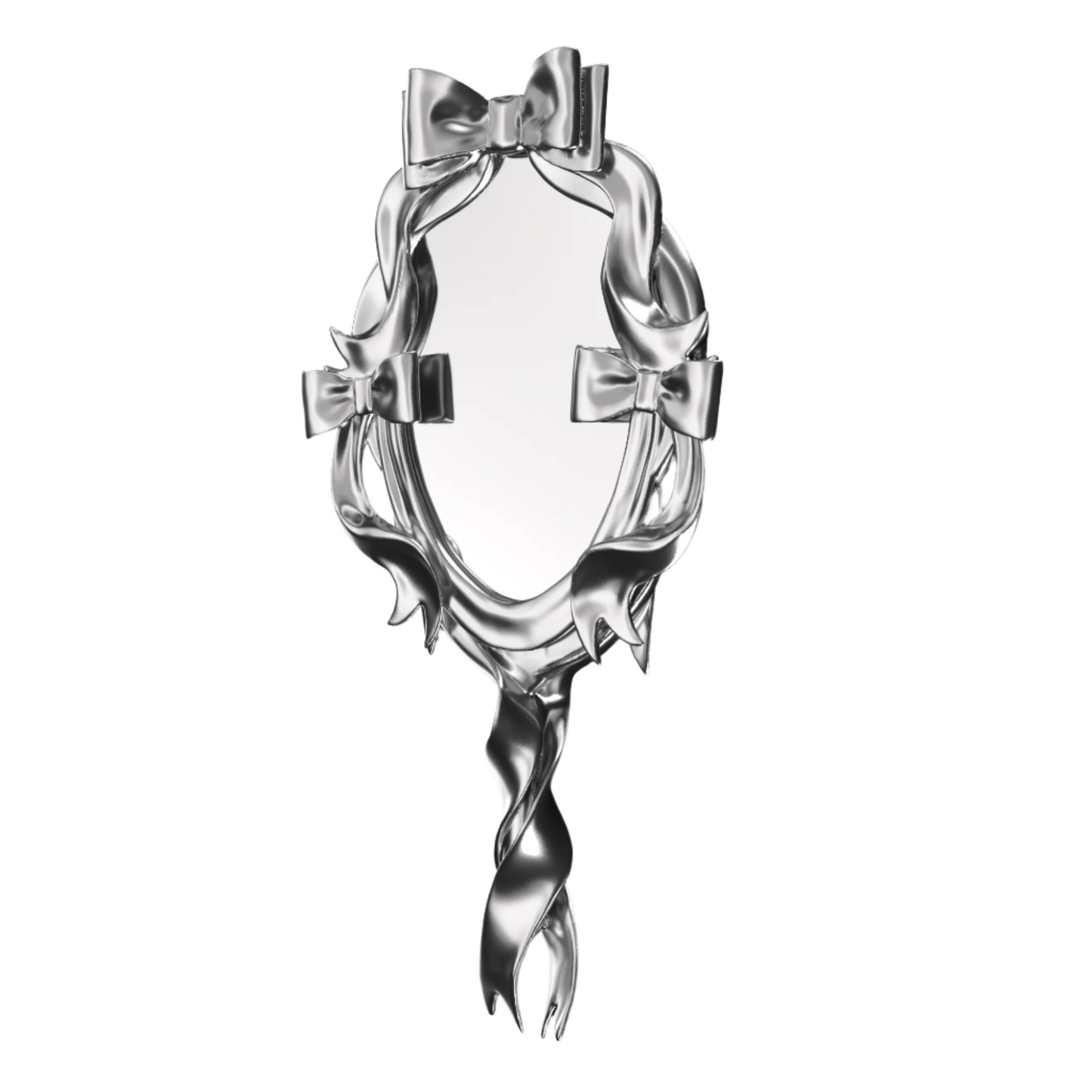 Metallic mirror with sculpted chrome bows and flowing ribbon frame in an elegant, symmetrical arrangement.