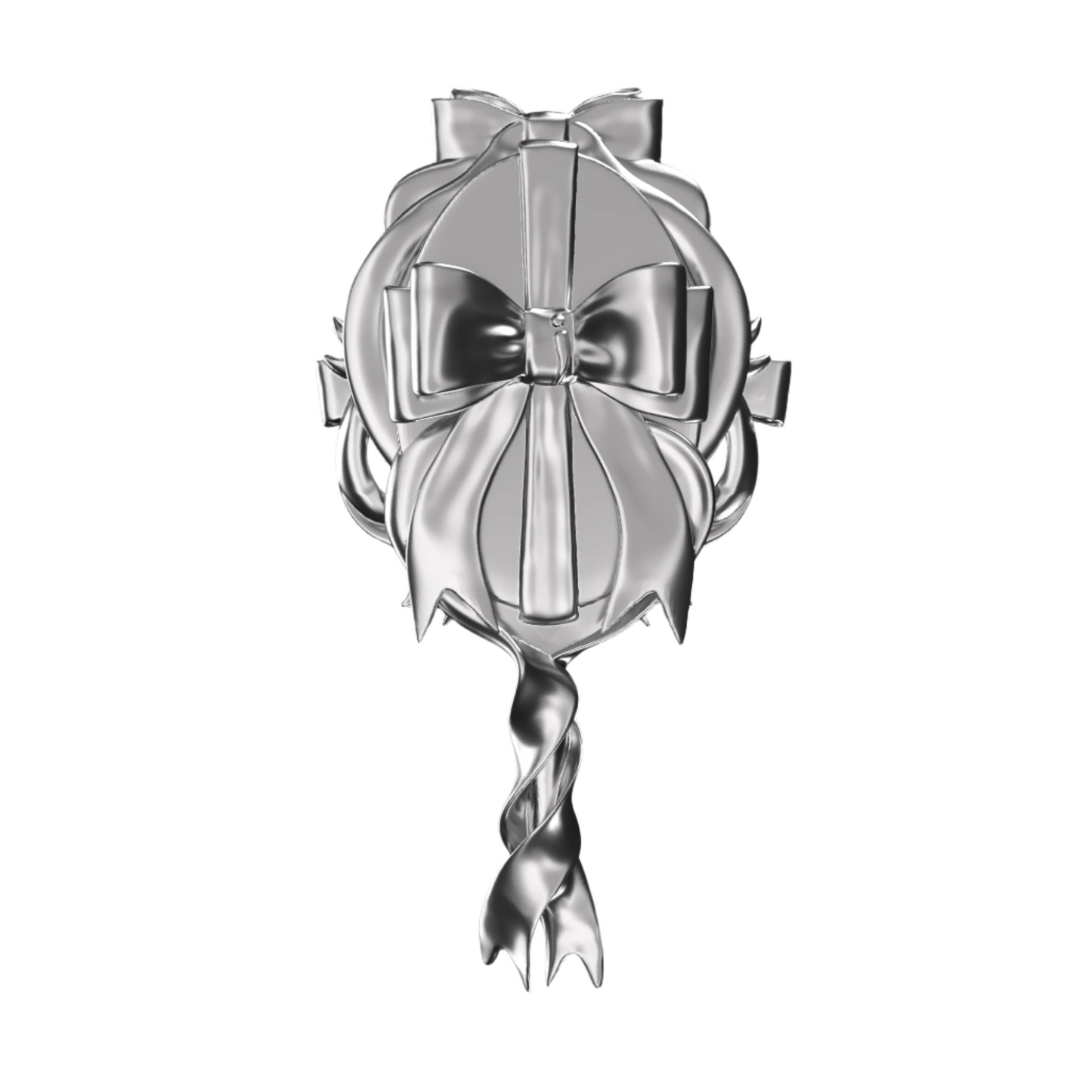 Metallic mirror with sculpted chrome bows and flowing ribbon frame in an elegant, symmetrical arrangement.
