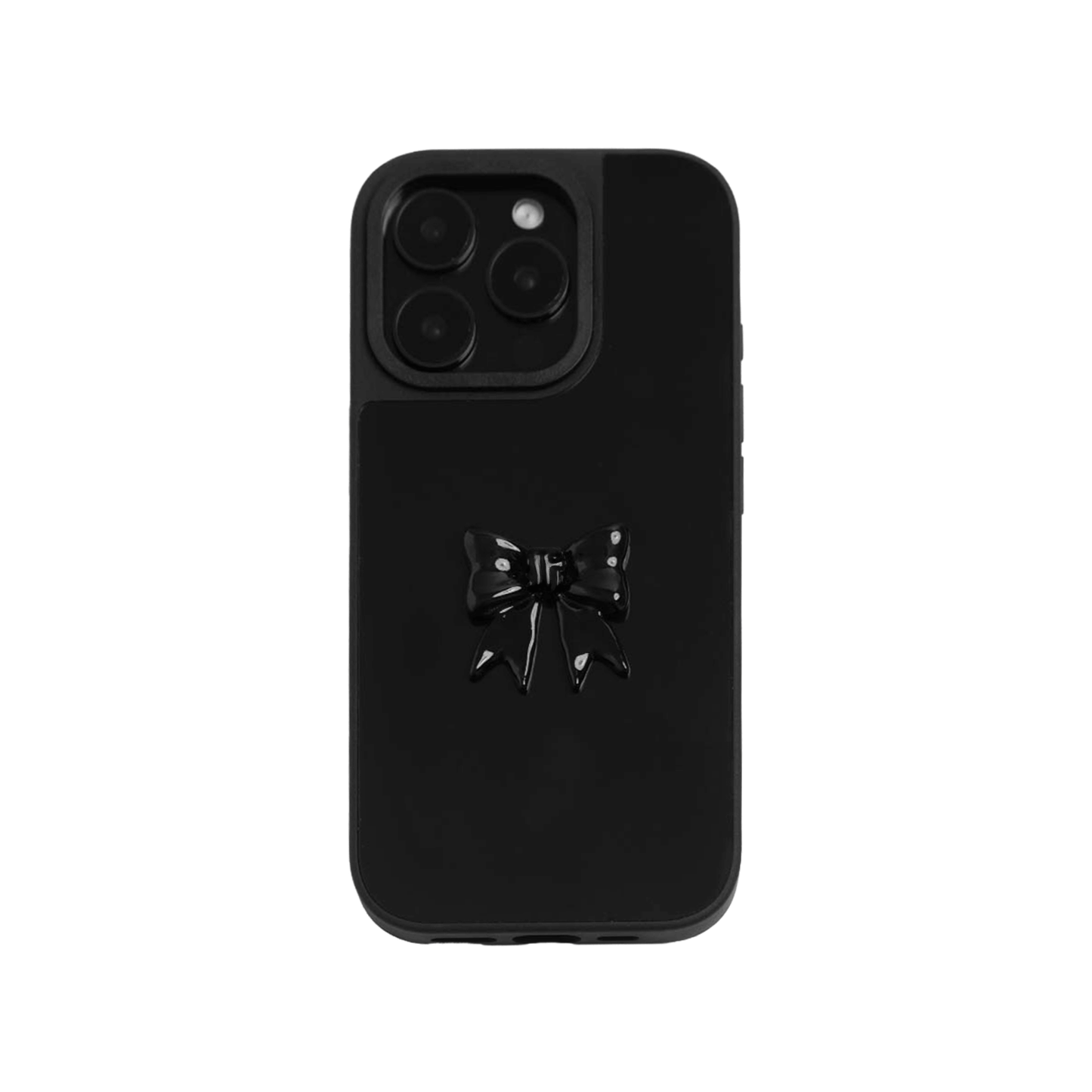  A collection of five clear or silver-based iPhone cases, each featuring a large, centered illustration of a stylized bow in a different color: silver, black, white, pink, and purple.