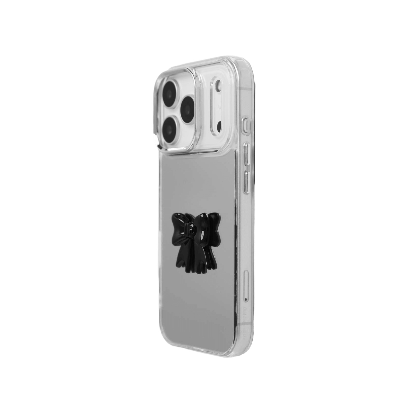  A collection of five clear or silver-based iPhone cases, each featuring a large, centered illustration of a stylized bow in a different color: silver, black, white, pink, and purple.