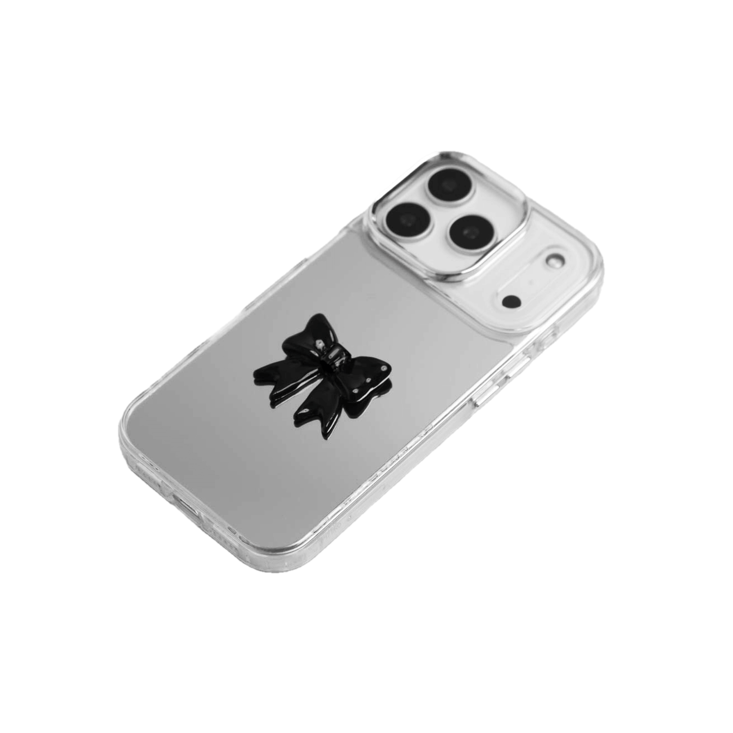  A collection of five clear or silver-based iPhone cases, each featuring a large, centered illustration of a stylized bow in a different color: silver, black, white, pink, and purple.