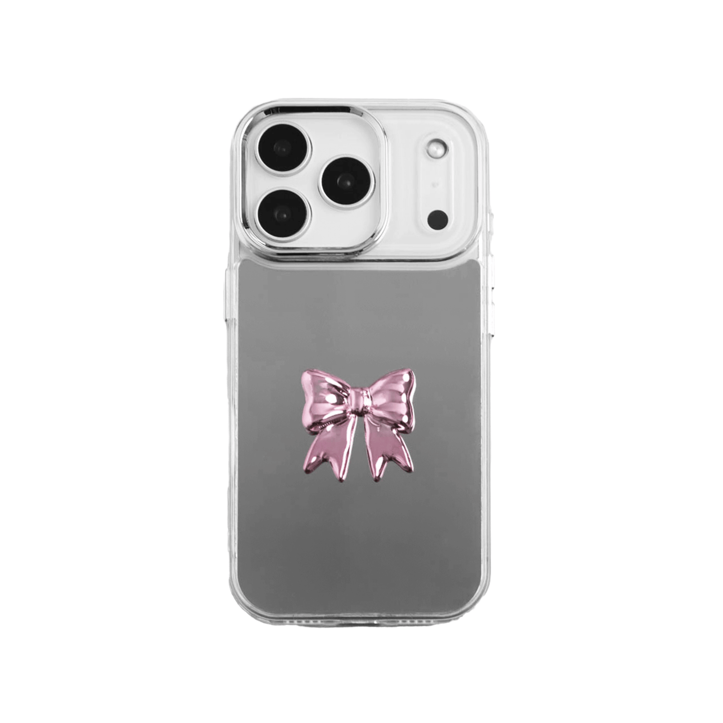  A collection of five clear or silver-based iPhone cases, each featuring a large, centered illustration of a stylized bow in a different color: silver, black, white, pink, and purple.