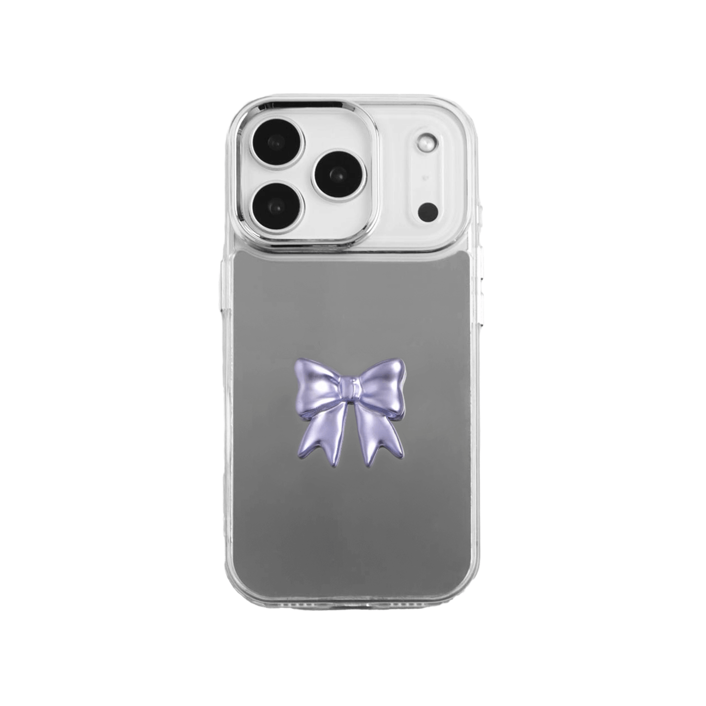  A collection of five clear or silver-based iPhone cases, each featuring a large, centered illustration of a stylized bow in a different color: silver, black, white, pink, and purple.