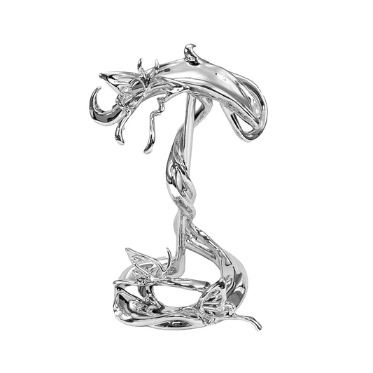 Chrome sculptural AirPods Max stand with twisted spiral base and butterfly details – luxury headphone holder