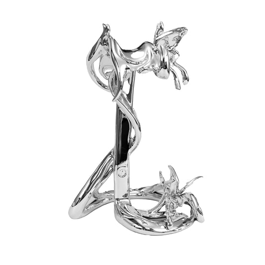 Chrome sculptural AirPods Max stand with twisted spiral base and butterfly details – luxury headphone holder