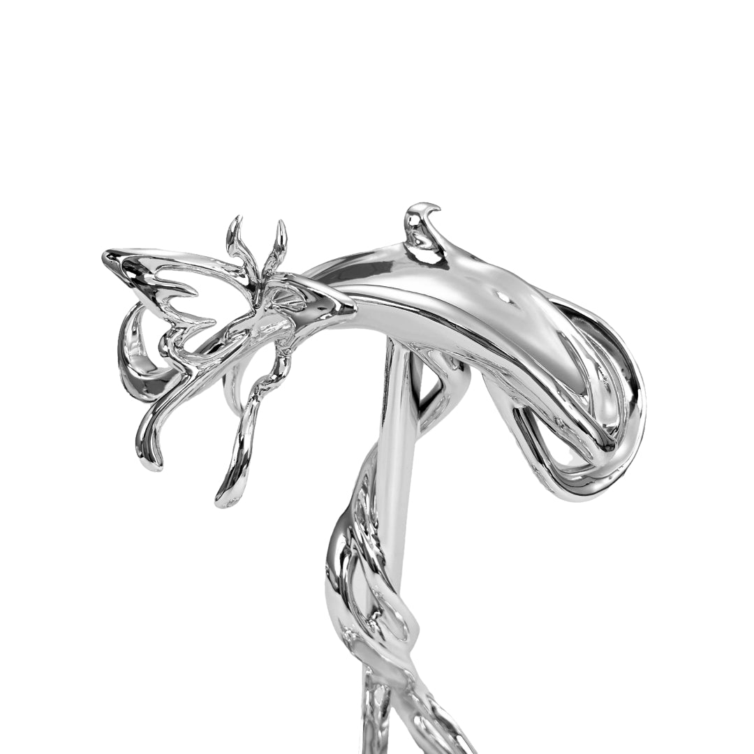 Chrome sculptural AirPods Max stand with twisted spiral base and butterfly details – luxury headphone holder