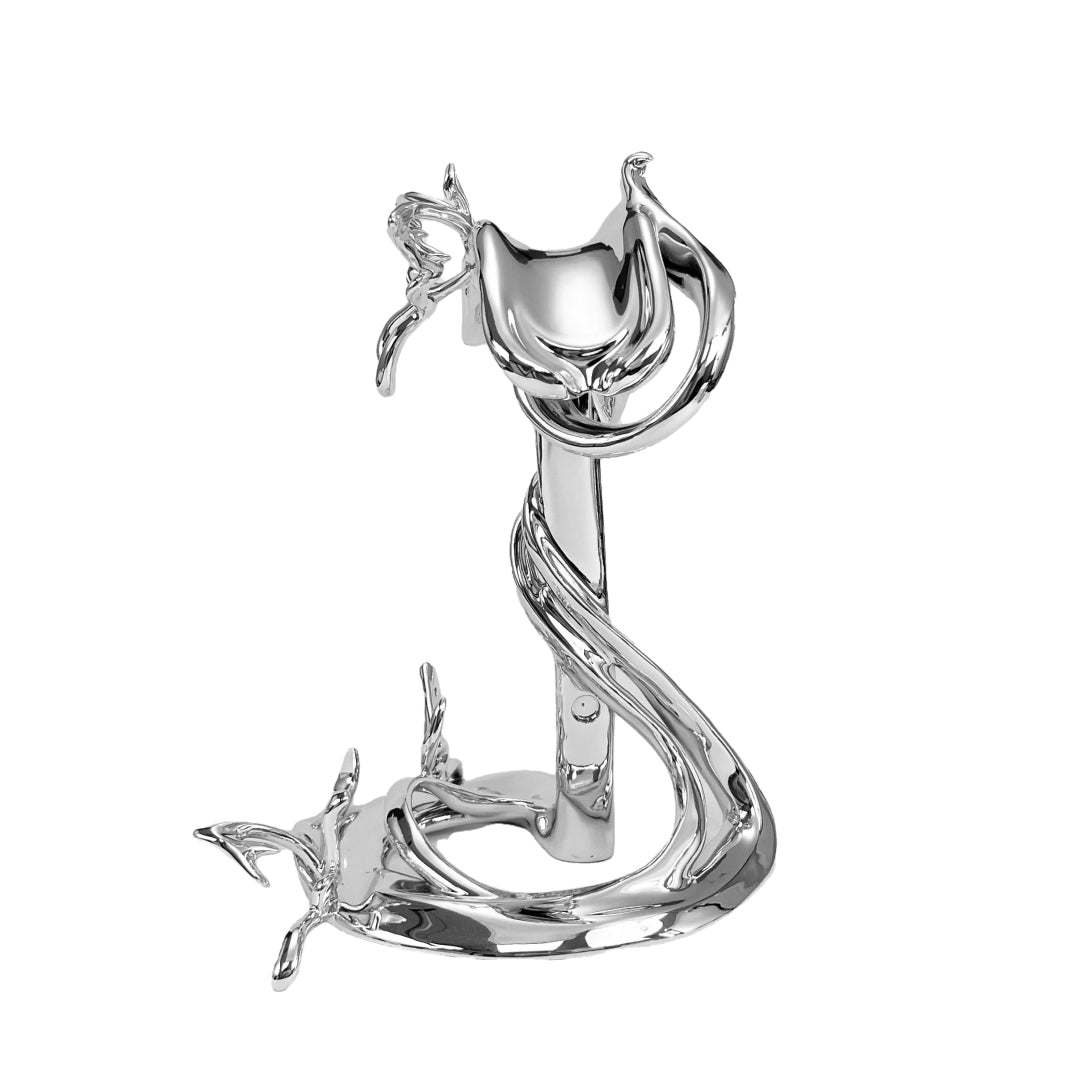 Chrome sculptural AirPods Max stand with twisted spiral base and butterfly details – luxury headphone holder