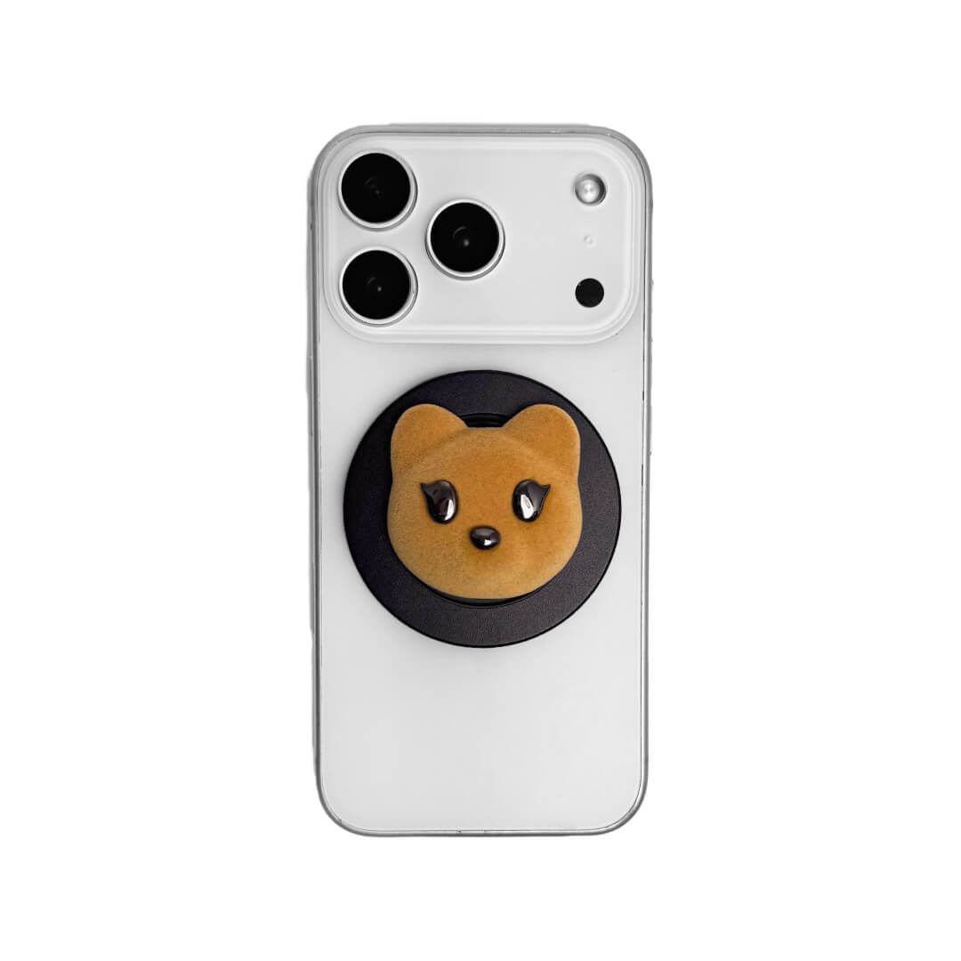 Bear Head iPhone Grip. A cute brown fluffy 3D bear head phone grip attached to the back of a white iPhone case.