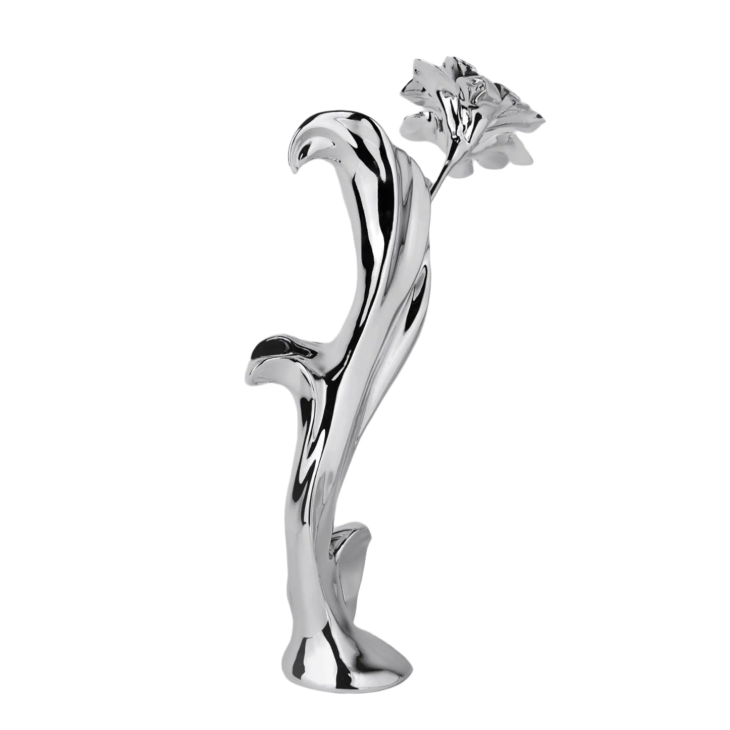 Sculptural silver vase with blooming lily design – tall, fluid chrome form evoking organic growth and contemporary floral elegance