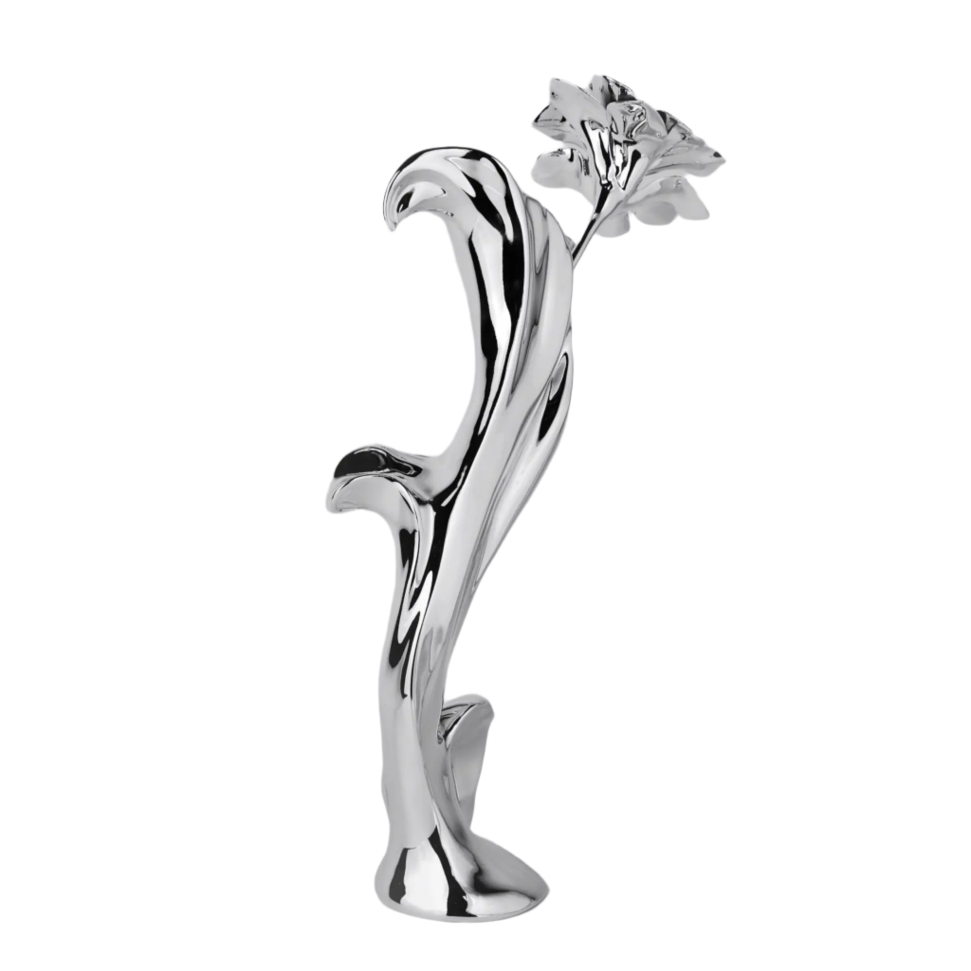 Sculptural silver vase with blooming lily design – tall, fluid chrome form evoking organic growth and contemporary floral elegance