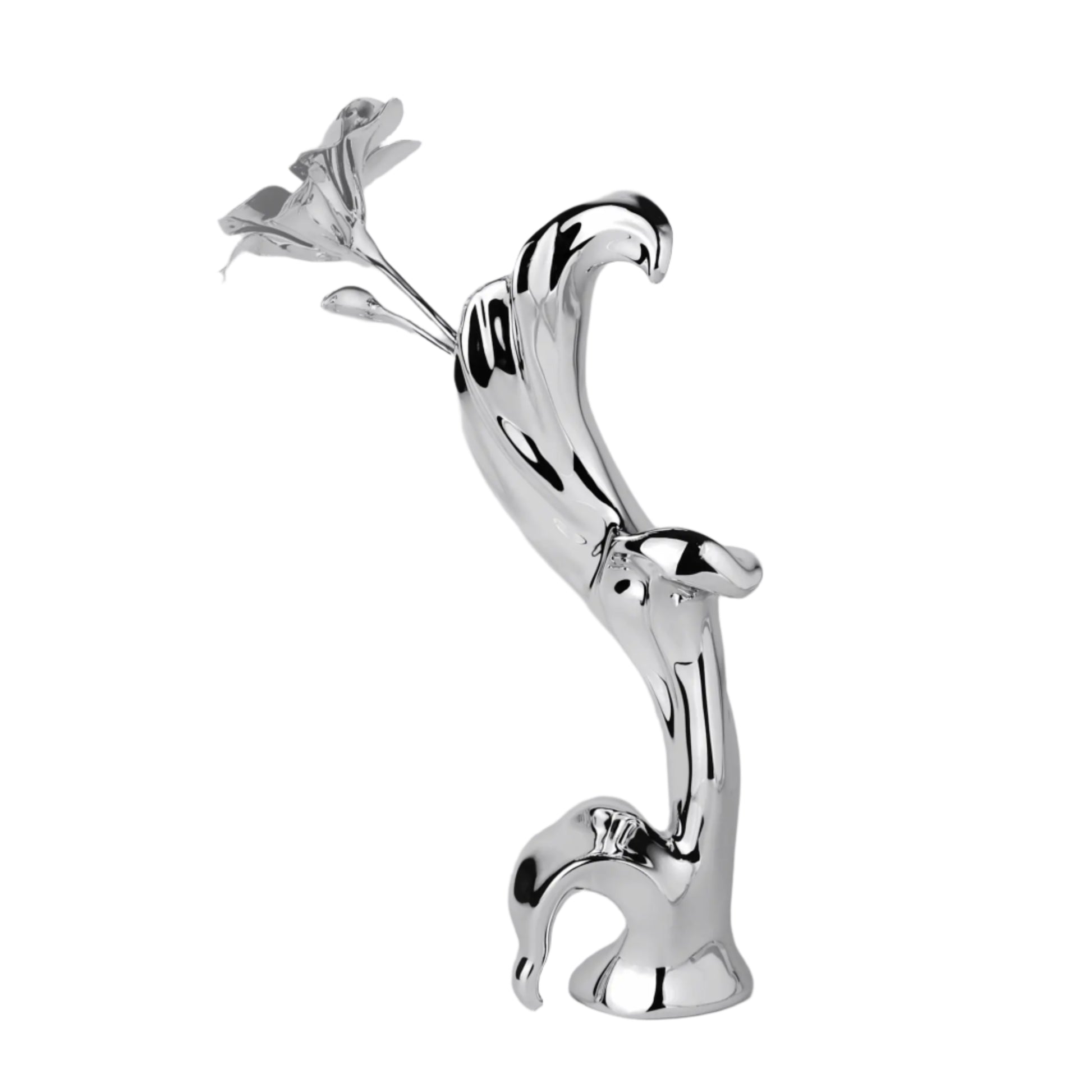 Sculptural silver vase with blooming lily design – tall, fluid chrome form evoking organic growth and contemporary floral elegance