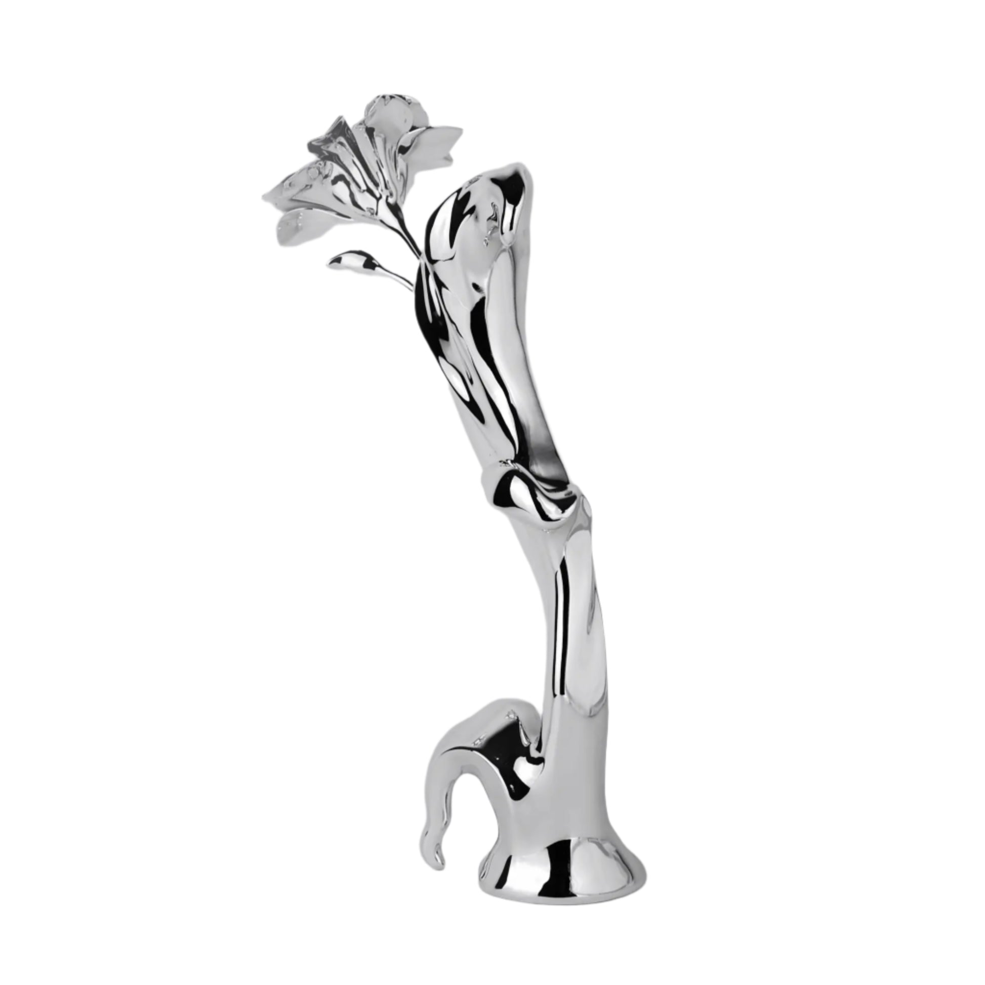 Sculptural silver vase with blooming lily design – tall, fluid chrome form evoking organic growth and contemporary floral elegance