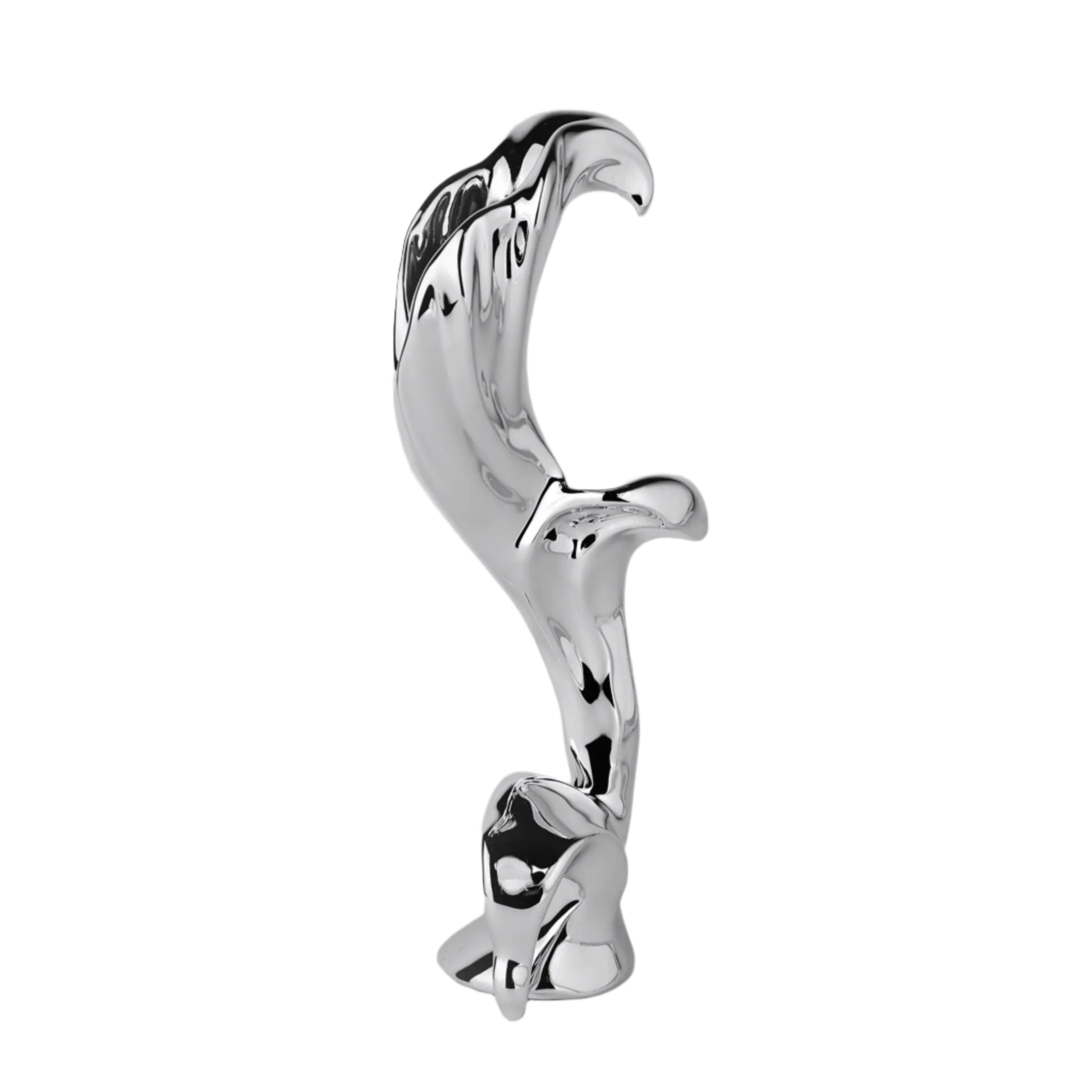 Sculptural silver vase with blooming lily design – tall, fluid chrome form evoking organic growth and contemporary floral elegance
